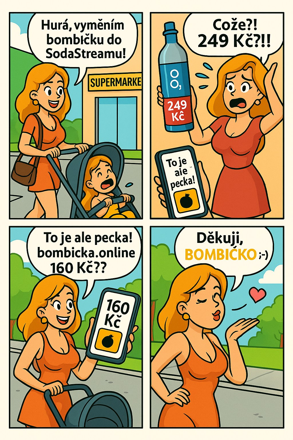 Komiks o levné výměně bombičky SodaStream v Praze – maminka s kočárkem objeví výhodnou cenu na bombicka.online a radostně odchází s dítětem.